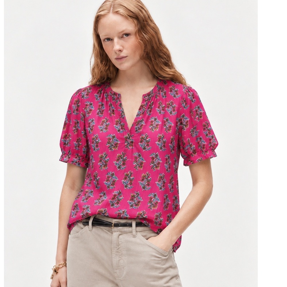 J.Crew Pink Floral Block Print Split Neck Puff Sleeve Blouse Large